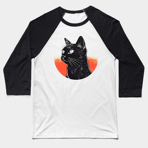 Cat's Solar Stroll: Vintage Grunge Sun & Black Cat Graphic Tee Baseball T-Shirt by Commodore